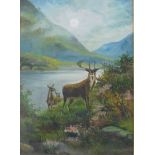 19thC School. Stag and Hind, Scottish landscape, oil on canvas, unsigned, 34cm x 25cm.