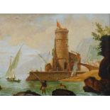 19thC English School. Seascape, figure fishing before boats and castle, oil on canvas, unsigned, 40c