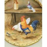 Francis Clark (20thC). Cockerel, hen, pigeon and chicks in a landscape on porcelain, signed, label v