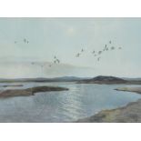 Peter Scott (1909-1989). Birds in flight over calm waters, artist signed print, 35cm x 51cm.