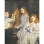 19thC English School. Portrait of children, boy and two girls one holding dove, oil on board, The Ol