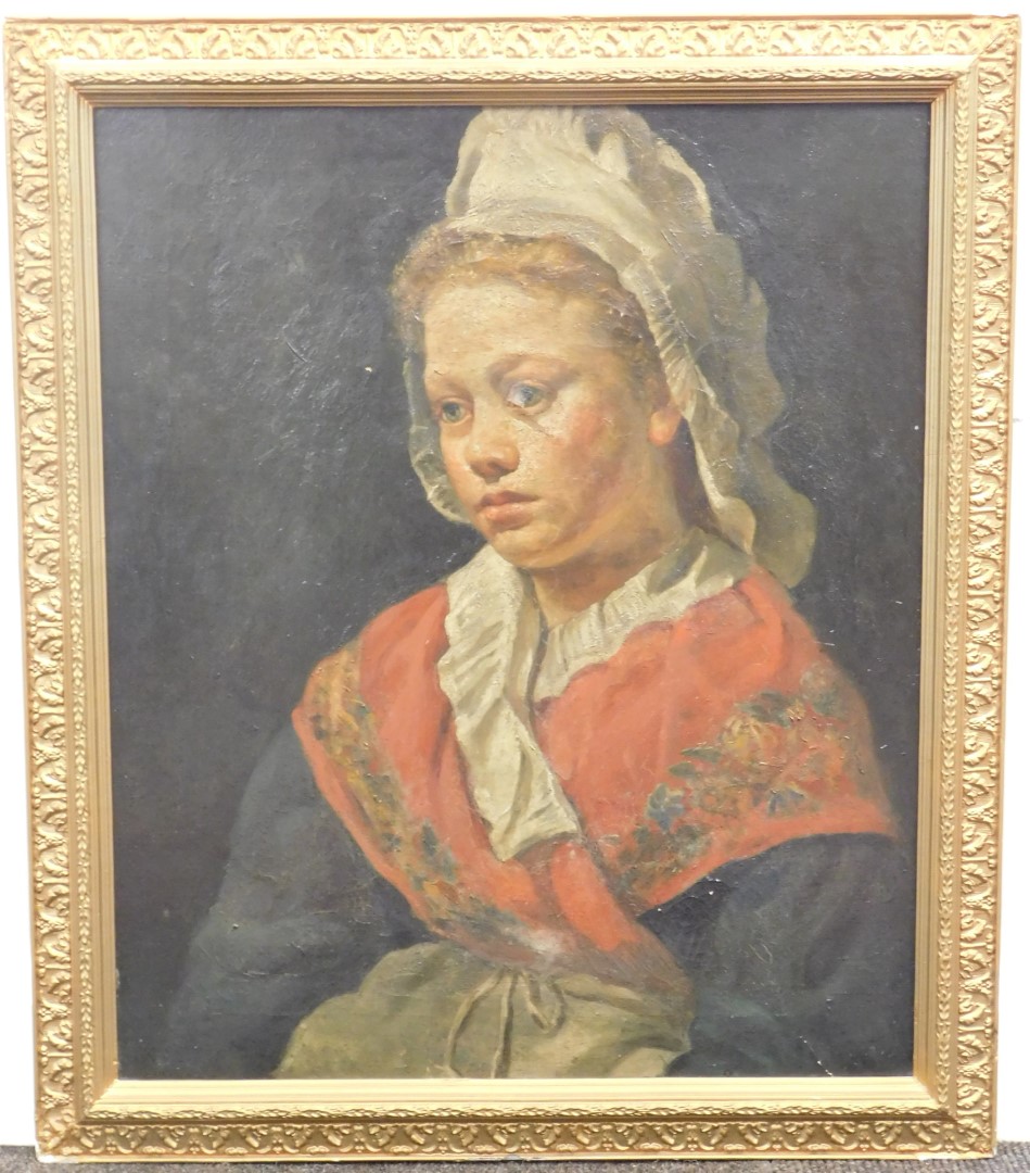 19thC School. Portrait of a girl in melancholic mood wearing bonnet, oil on canvas, Geo. Rowney ESK - Image 2 of 3