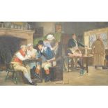 19thC Continental School. Tavern scene, figures at a table before pewter plates and hearth, oil on c