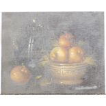 19thC Continental School. Still life, fruit in a bowl, oil on board, unsigned, 20cm x 25cm.