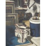 Peter Brannan (1926-1994). Still life, copper lustre jug and paint pot before rocking horse, oil on