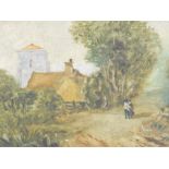 F. R. Peck (20thC School). Figures on a path before trees and buildings, oil on canvas, signed, stam