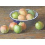 Rashit Habirov (b.1953). Still life, apples in bowl, oil on canvas, signed and dated (20)01, 26cm x