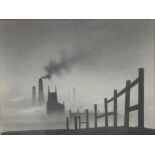 •Trevor Grimshaw (1947-2001). Church and factory landscape with fence in the foreground, pencil on p