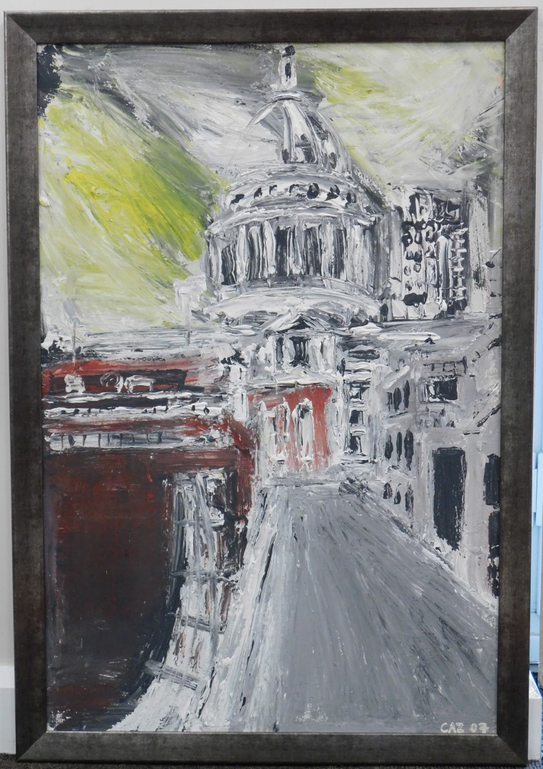 Carlo Zenone (20thC). St. Paul's Cathedral, oil on board, initialled CAZ and dated (20)07, paper lab - Image 2 of 5