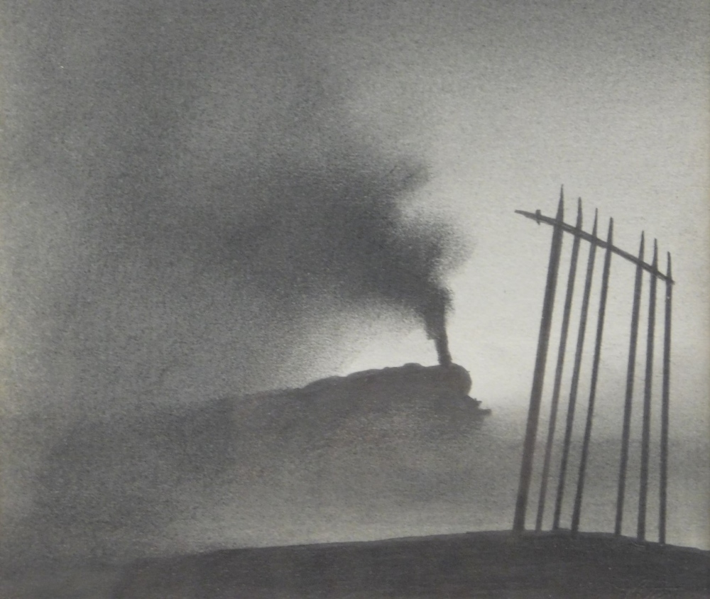 •Trevor Grimshaw (1947-2001). Fence before train, pencil on paper, signed, 19cm x 18cm.