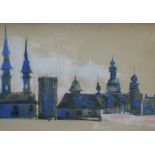 After Burski(?). Buildings panorama, print, 56cm x 122cm.