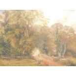 19thC English School. Cattle in a field before figure on a path with trees in the distance, oil on c