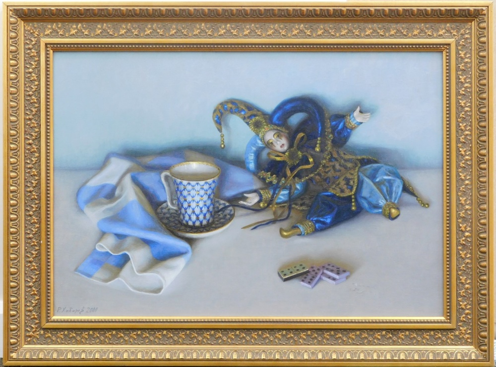 Rashit Habirov (b.1953). Still life, old cups, saucers and dominoes, oil on stiff canvas, signed and - Image 2 of 4