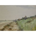 20thC School. Calm seascape, dunes before houses, watercolour, unsigned, 14cm x 18cm.