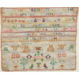 A 19thC pictorial and motto sampler, by Charlotte Louisa East dated 1877, 44cm x 47cm.