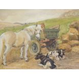 E. Dick (19thC). Horse and calves before cart and hay, watercolour, signed, 26cm x 34cm.