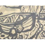 20thC School. Boat before towers, ink and wash, unsigned, 19cm x 24cm.