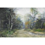 J.Dennison (19thC School). Tree lined path, oil on canvas, indistinctly signed, 50cm x 77cm.