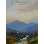 Ben Graham (1886-1949). Highland scene, stream before heather, sheep and hills, gouache, signed, 46