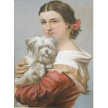 20thC English School. Portrait of a girl holding dog, oil on board, indistinct handwritten attributi