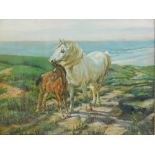 20thC School. Horse and foal on grass before sea, oil on board, unsigned, 37cm x 50cm.