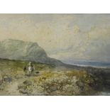 M. Arbine. Figures on a path before hills, with water in the foreground, watercolour, indistinctly s