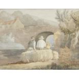 Manner of David Cox (20thC). Figures on a rock overlooking stream with bridge and house in the dista