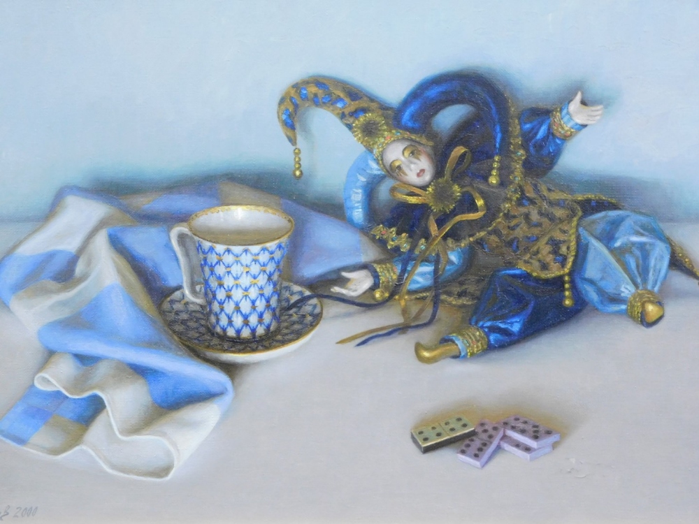 Rashit Habirov (b.1953). Still life, old cups, saucers and dominoes, oil on stiff canvas, signed and