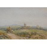 19thC English School. Figure pulling hay cart with windmill and hills in the distance, watercolour,