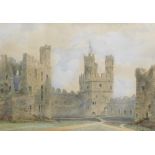 19thC School. Figures in a castle ruin, unsigned, Jarvis & Foster, Bangor label verso, 30cm x 45cm a