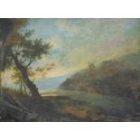 Manner of Turner. 19thC School, landscape, tree before stream and hills with clouds gathering, oil o