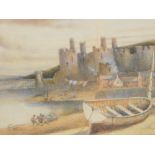 •20thC School. Figures aside rowing boat, with further boats on a shore with building and castle rui