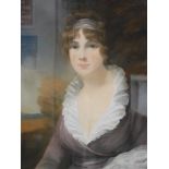 19thC School. Portrait of a lady in landscape, quarter profile, oil on paper, unsigned, 75cm x 62cm.