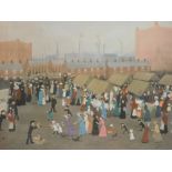 Helen Bradley (1900-1979). Hollinwood Market, artist signed print, 49cm x 69cm.