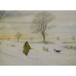 D. J. Dunthorne (20thC). Shepherd, sheepdog and flock of sheep on a snow laden path, watercolour, si
