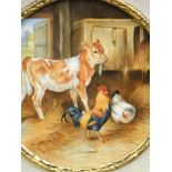 Francis Clark (20thC). Cockerel and hen with calf in a barn on porcelain, signed, 17cm diameter.