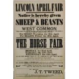 A 19thC poster, for the Lincoln April Fair 1889, with sheep and beasts at the West Common, with the