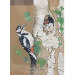 Jennifer A. Bell (20thC). Woodpeckers on a tree trunk, gouache, signed and dated 1997, 29cm x 21cm.