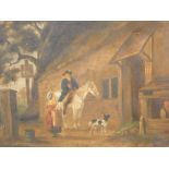 Manner of George Morland. Figure on horseback aside lady and dog before tavern, oil on canvas, unsig