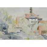 20thC School. Path before buildings with pond and trees, watercolour, dated 2/6/65, unsigned, 19cm x