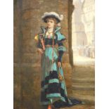 Lionel Charles Henley (1843-1893). Figure of a lady dressed in finery, townscape, oil on canvas, sig