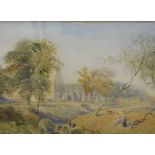 19thC School. Figure and cattle before church, watercolour, unsigned, 25cm x 35cm.