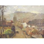 •William Roger Benner (1884-1964). Car aside buildings before church, oil on board, signed, Lincoln