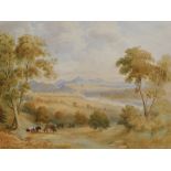 H. Weaver (19thC). Cattle on a path before buildings and mountains on a summers day, watercolour, si