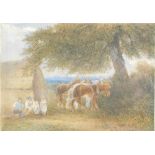 19thC English School. Heavy horses and figures aside thatched cottage, watercolour, indistinctly sig