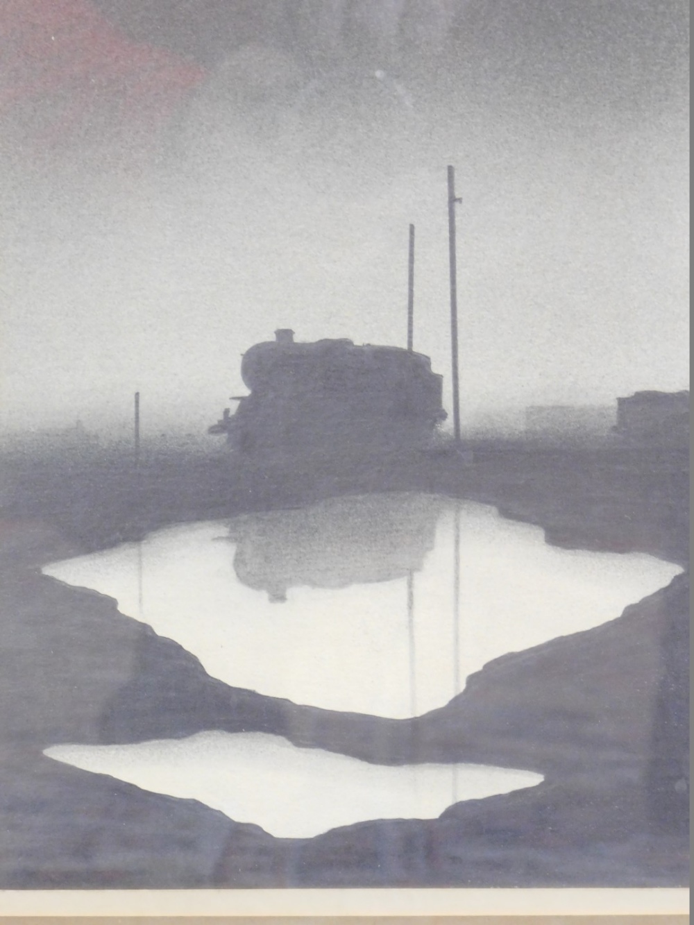 •Trevor Grimshaw (1947-2001). Puddles and train with telegraph poles, pencil on paper, Colin Jellic