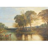 Manner of Constable (19thC Engish School). Cattle in a stream before trees and cottage, oil on canva