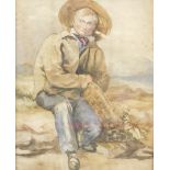 19thC English School. Figure of a child wearing hat, holding basket, watercolour, unsigned, 30cm x 2