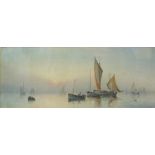 After Morris. Misley sunrise, print, 19cm x 49cm and a further print, boat on calm waters. (2)