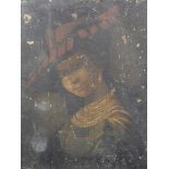 19thC School. Portrait of a lady wearing hat, oil on canvas, unsigned, Geo. Rowney stamp to the canv